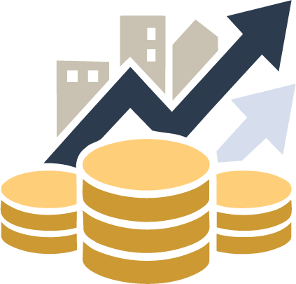 Stacked coins with upward trending arrows and city buildings in the background, representing financial growth.