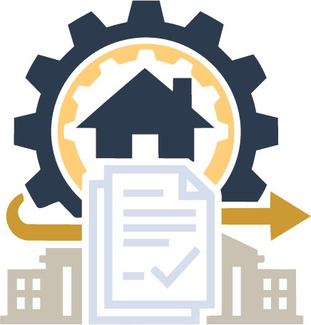 Icon of a document with a checkmark, gear, house, and arrow, representing home automation or process management.