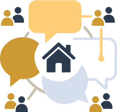 Graphic showing people in conversation with speech bubbles, a house icon, and a clock, representing communication about home or schedules.