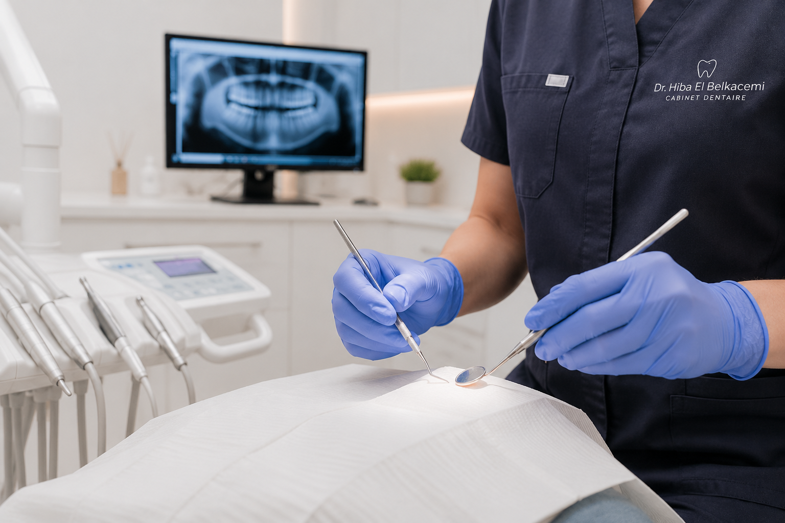 Un dentiste portant des gants bleus effectue un traitement dentaire sur un patient dans un cabinet dentaire moderne.