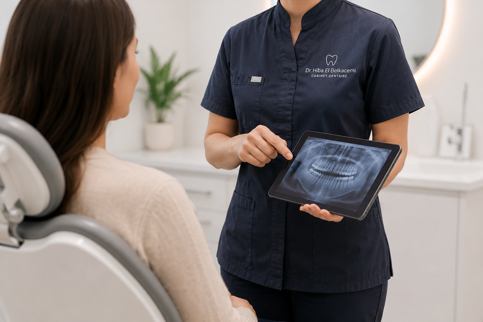 Une dentiste montre une radiographie dentaire à une patiente dans un cabinet dentaire.