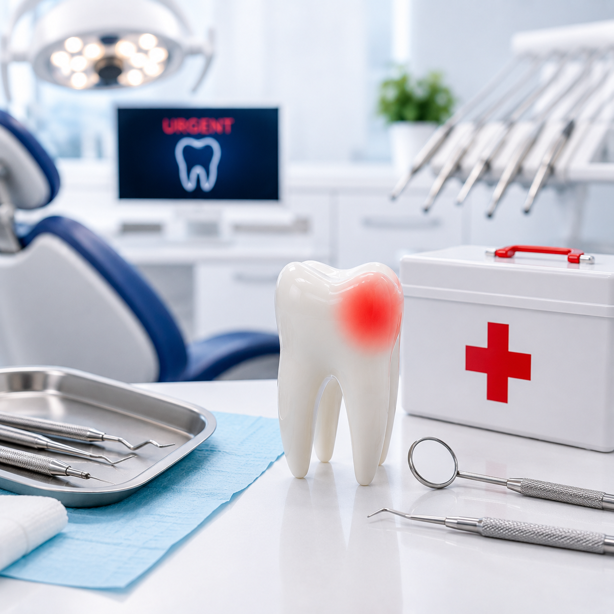 Une dent en plastique avec une tache rouge sur le côté, entourée d'instruments dentaires, d'une boîte de premiers secours, et d'une affiche indiquant une urgence dentaire dans un cabinet dentaire.