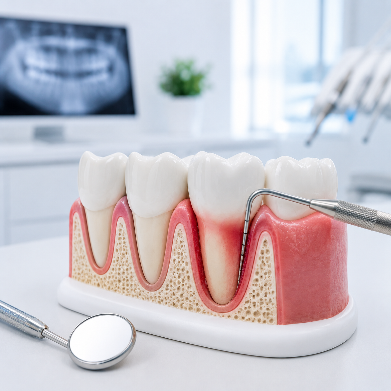 Modèle de dentition avec dents en céramique, outils dentaires dans un cabinet dentaire moderne, radiographie dentaire affichée à l'écran.