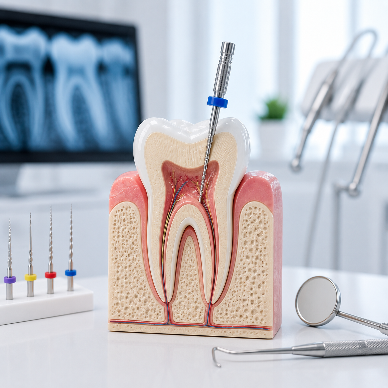 Modèle anatomique de la dent avec un outil d'endodontie inséré dans le canal radiculaire, à côté d'instruments dentaires et de l'équipement d'une clinique dentaire.