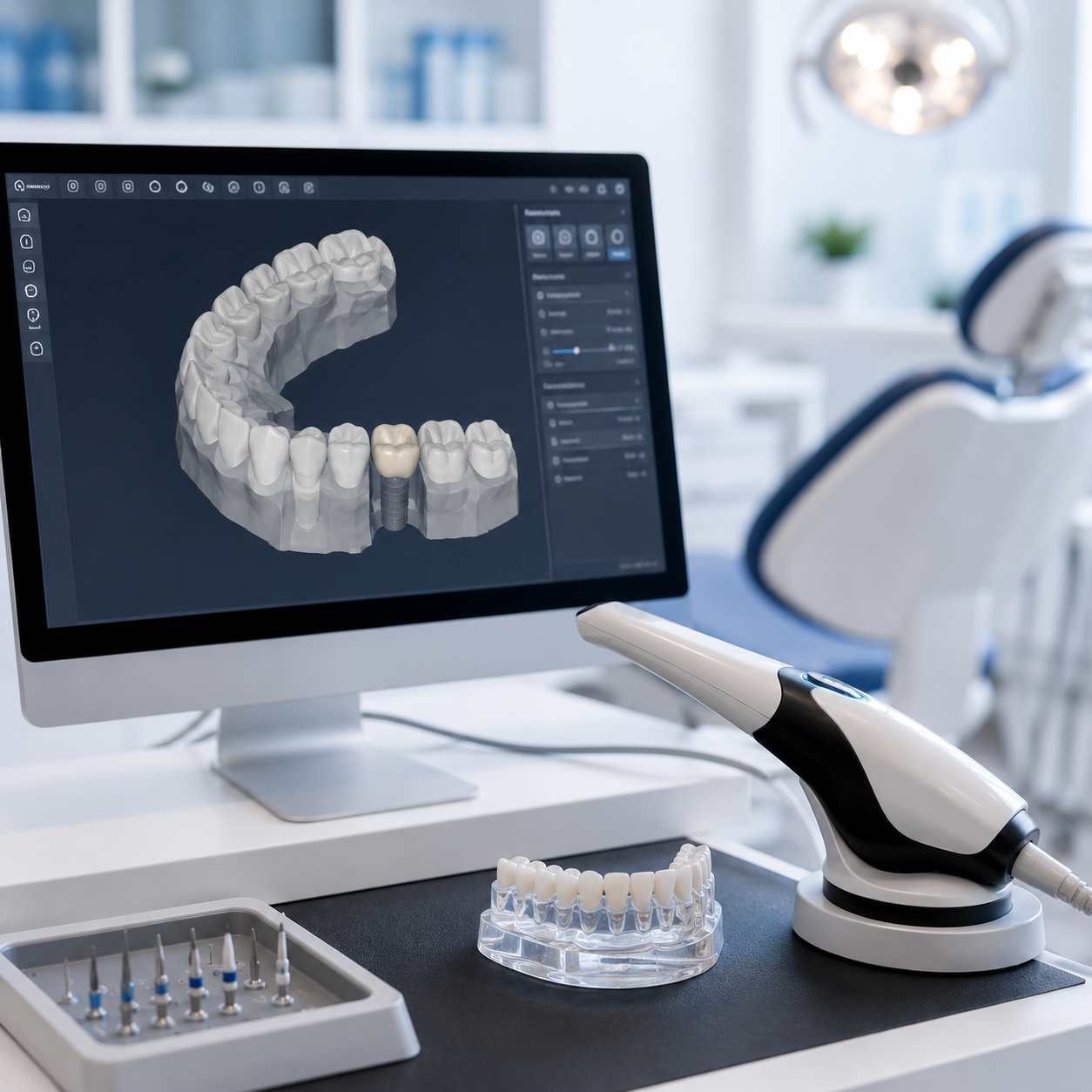 Écran d'ordinateur montrant une simulation 3D d'une mâchoire avec implant dentaire, outil de dé rembourrage dentaire et modèle de dent en plastique dans un cabinet dentaire