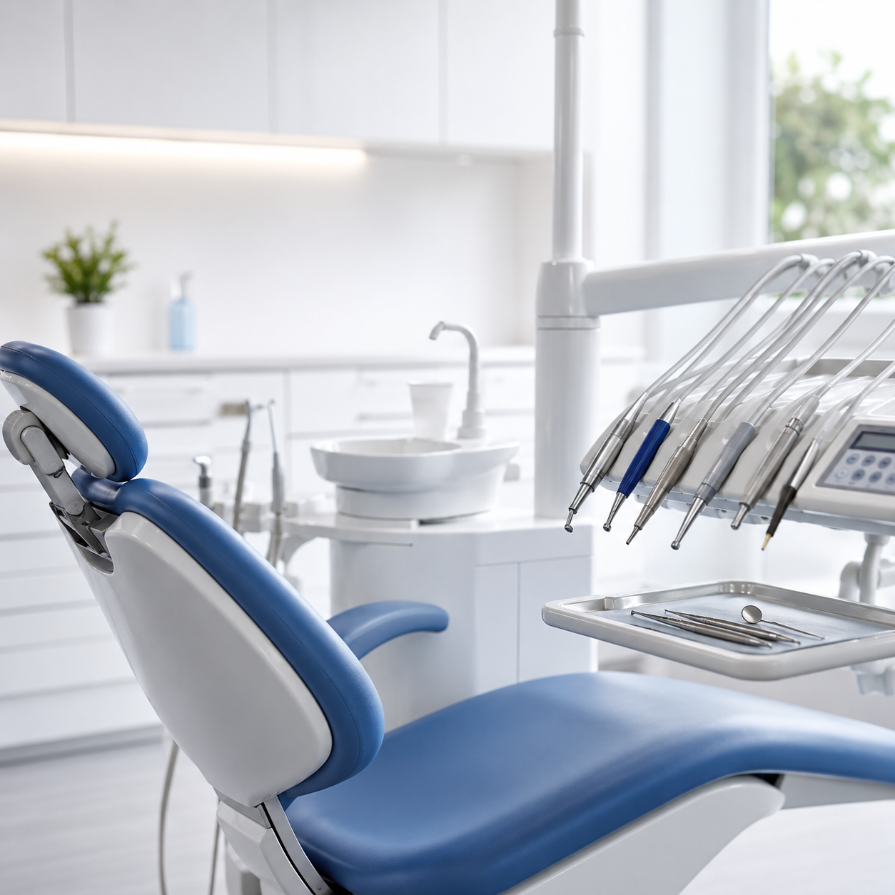 Cabinet de soins dentaires avec un fauteuil bleu, un appareil dentaire et des instruments dentaires sur une table en métal.