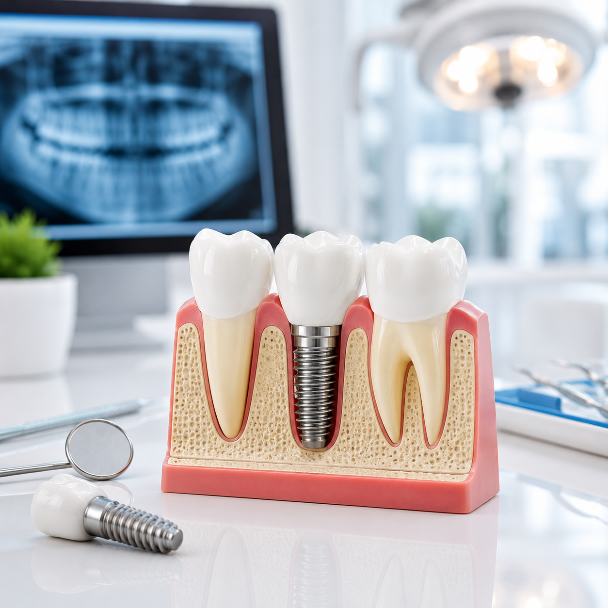 Modèle de mâchoire avec implants dentaires et couronnes en plastique, démontrant la procédure d'implantation dentaire, avec des outils dentaires et un fond de cabinet dentaire.