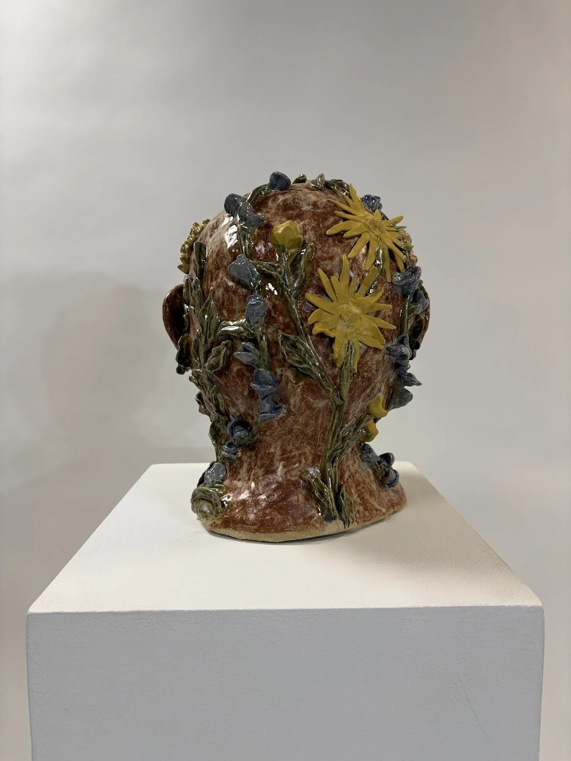 Equanimity [rear view]. B clay and Overglaze. 14” x 10.5” x 11.5”. 2025.