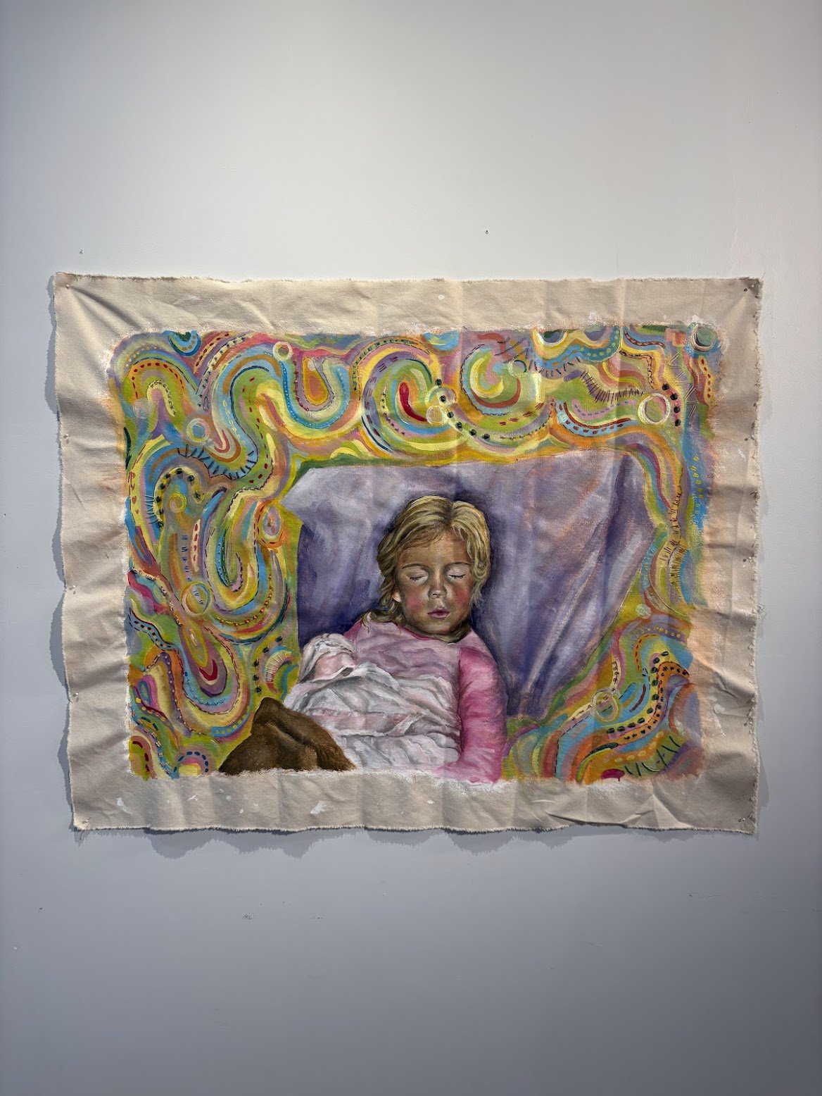 “In my dreems”
1/3 of the series “Frum Chiyuldhood”
Acrylic on Unstretched Canvas + embroidery and beadwork
47” x 38.5”
