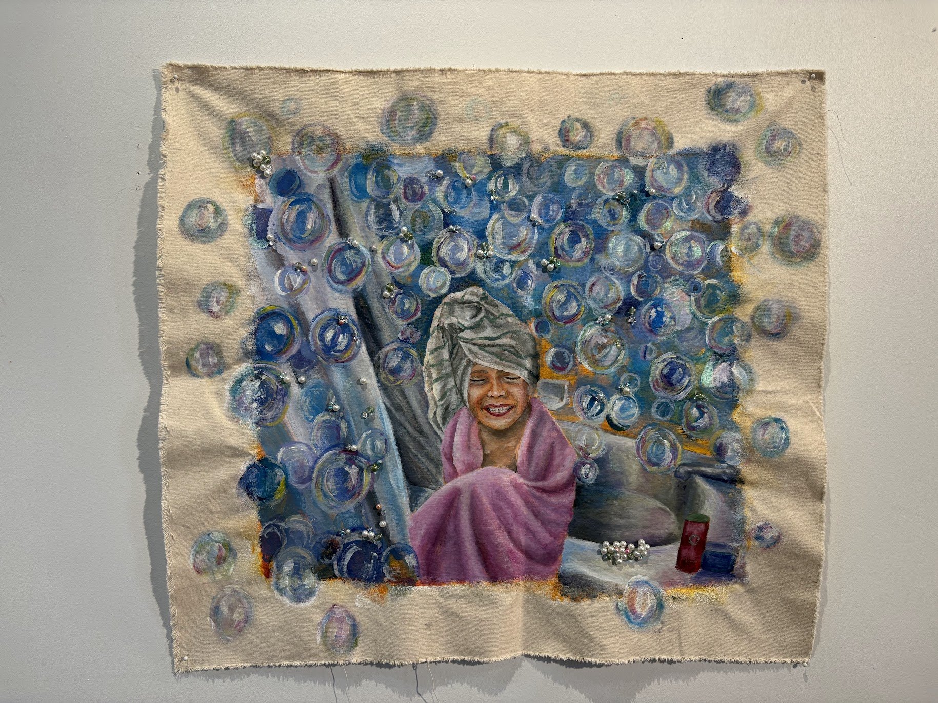 “but mom, the bubbls sownded fun!”
Acrylic on unstretched canvas with Embroidery and beadwork
27.25” x 30”
1/3 of series "Frum Chiyuldhood"
