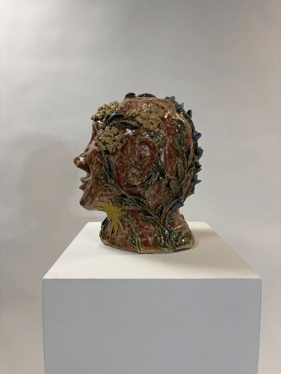 Equanimity [side profile]. B clay and Overglaze. 14” x 10.5” x 11.5”. 2025.
