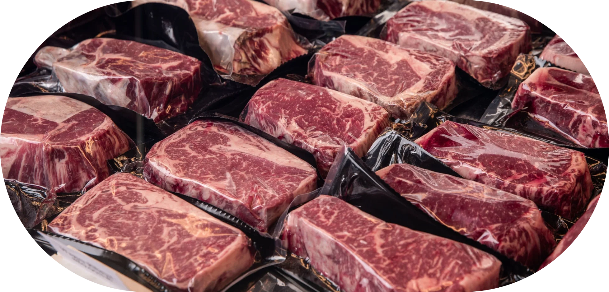 Vacuum-sealed steaks packed in rows, ready to ship