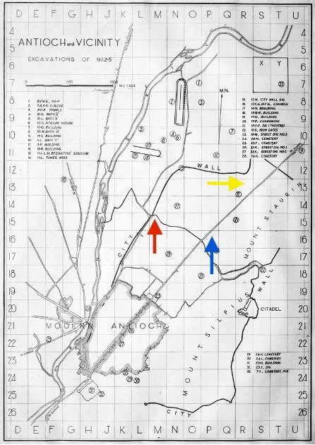 Map of ancient Antioch showing excavations from 1932-35, with streets, walls, and notable sites marked, including a citadel, city walls, and excavation areas, with colored arrows indicating specific locations.