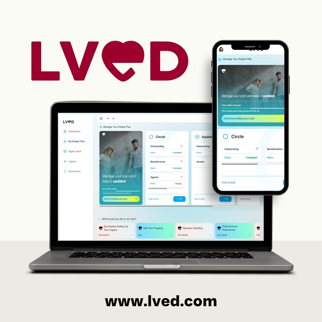 Laptop and smartphone displaying estate planning management software from the company LVED, with the company website www.lved.com at the bottom.