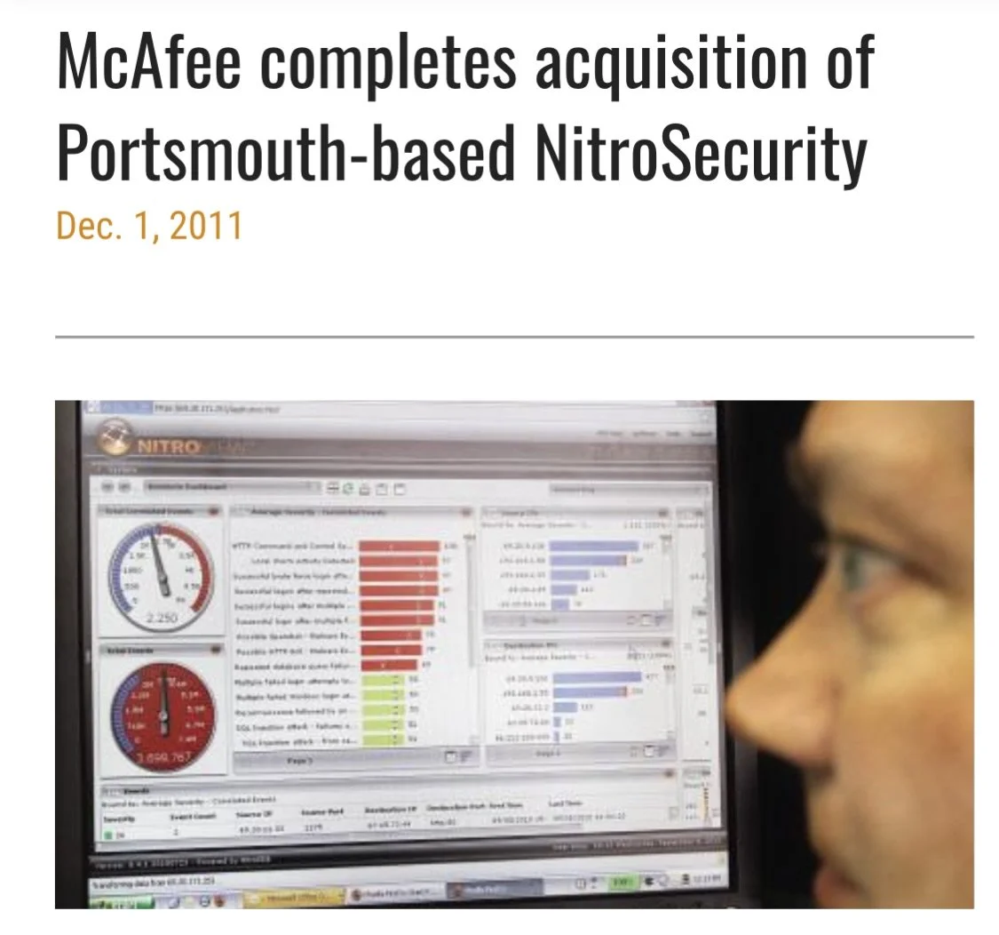 Document titled 'McAfee completes acquisition of Portsmouth-based NitroSecurity' dated December 1, 2011. Includes a partially visible person looking at a computer screen displaying security data and graphs.