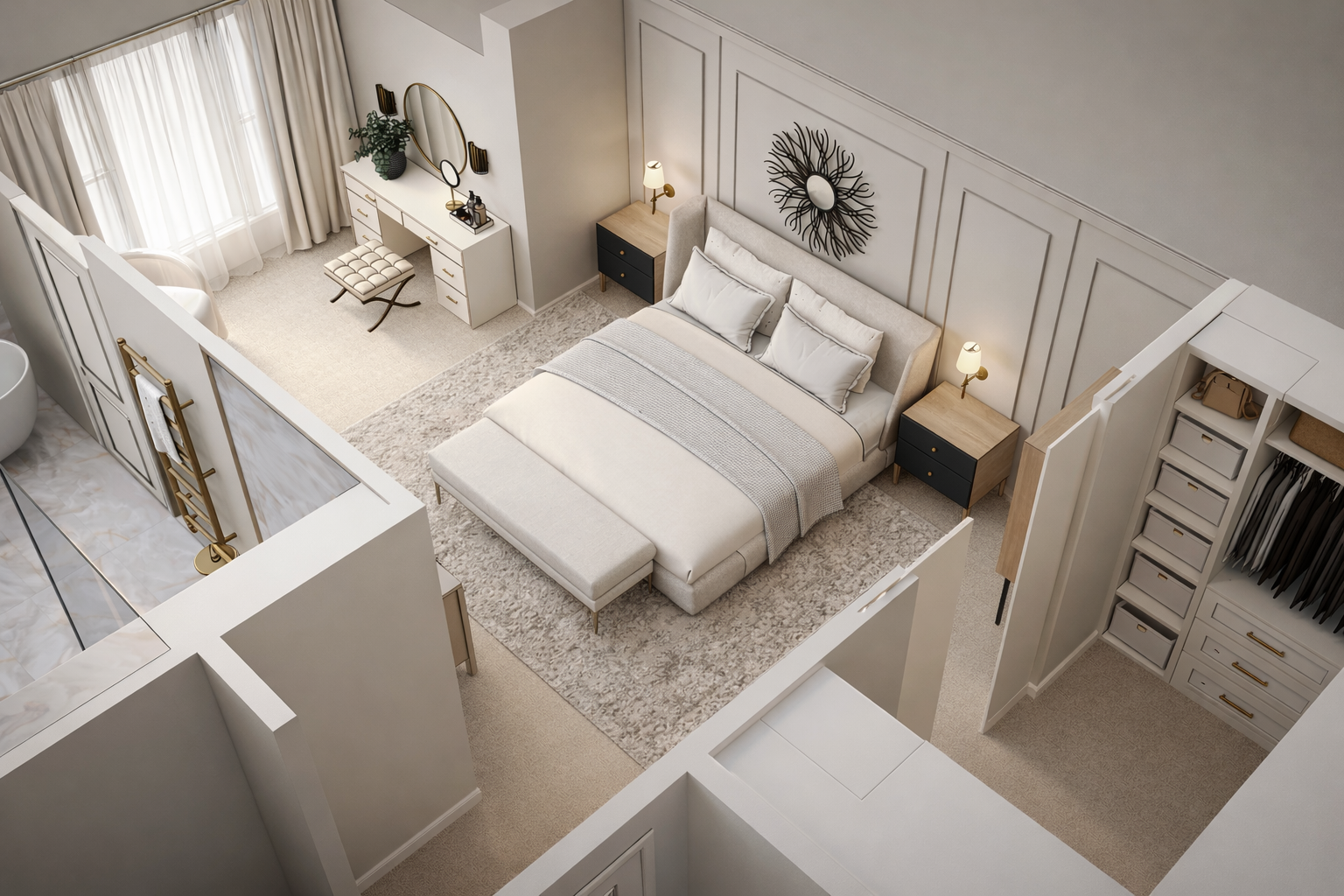 A modern bedroom with a large bed, nightstands with lamps, a vanity with a chair, and a closet with drawers and hanging clothes.