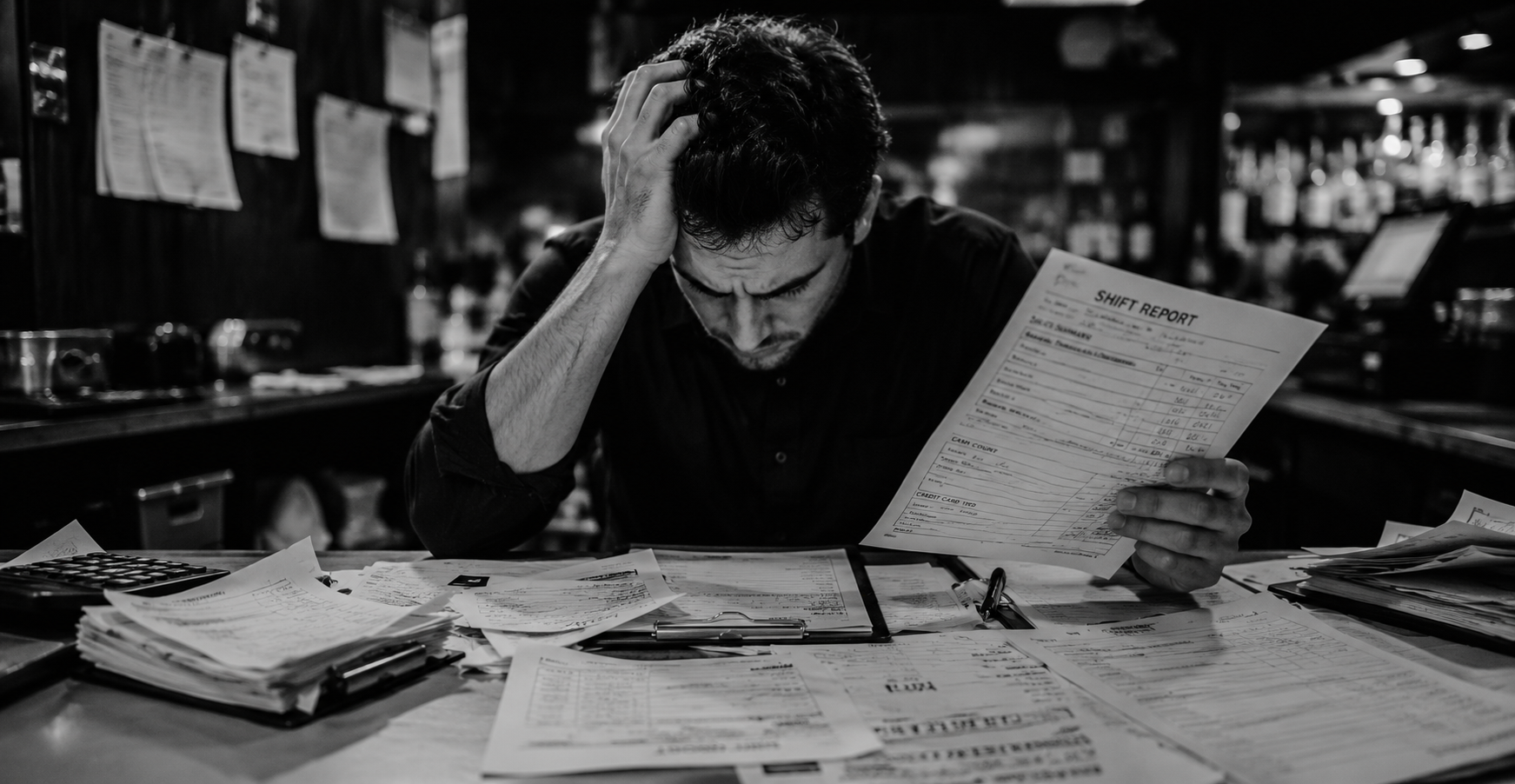 A man in a bar, stressed, looking at a shift report while surrounded by scattered papers and his hand on his head.