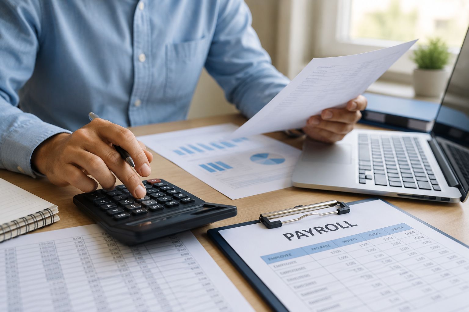 Person calculating payroll with a calculator, reviewing documents, and using a laptop on a wooden desk.