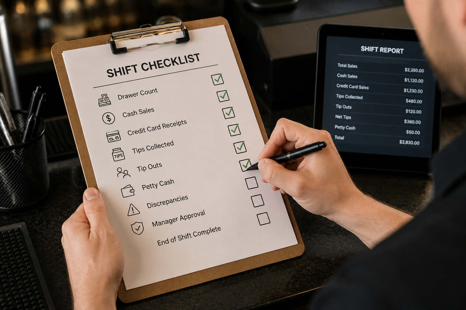 Person checking off completed items on a shift checklist on a clipboard, with a digital shift report displayed on a screen next to it.