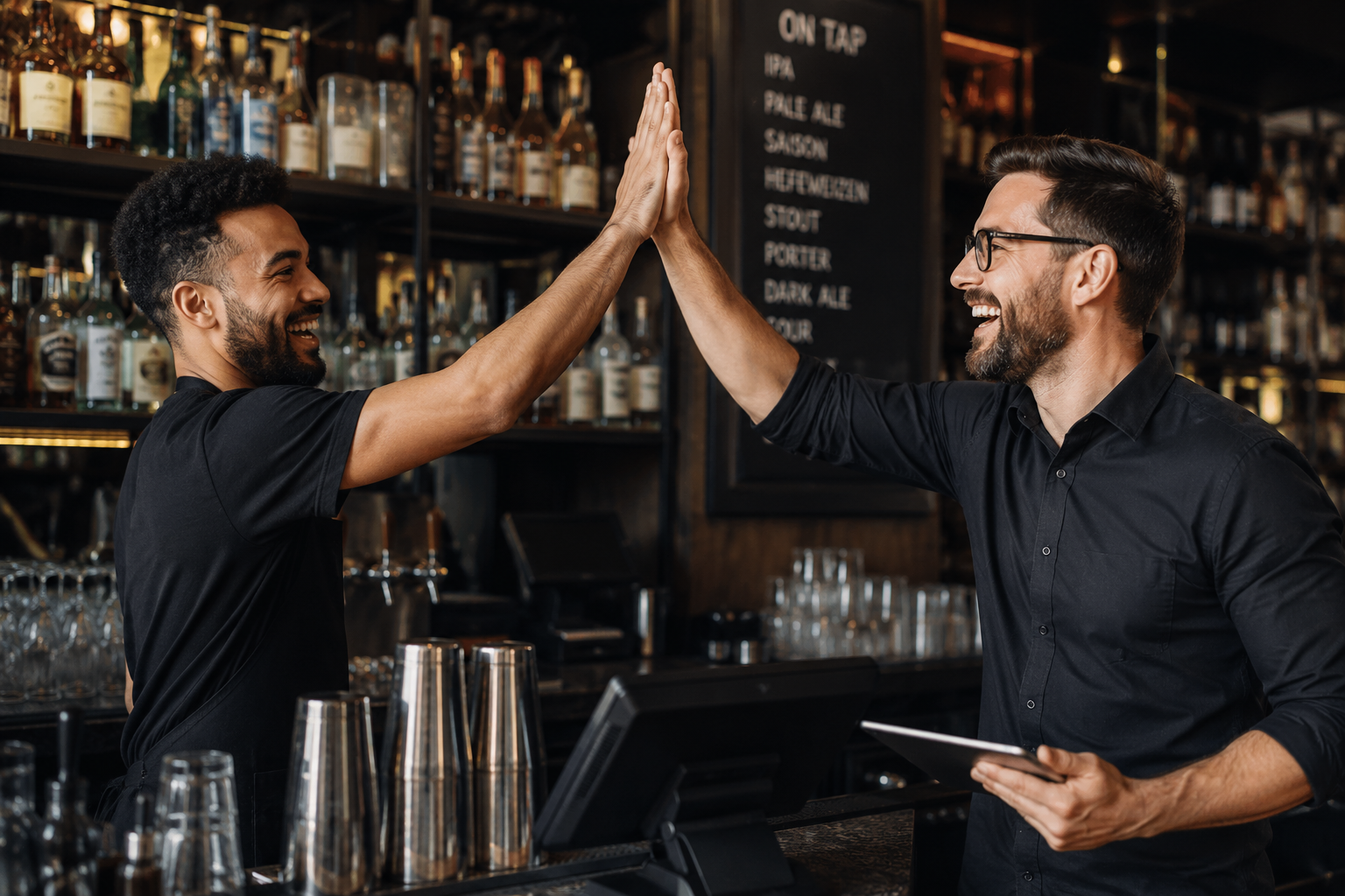Two bartenders high-fiving behind the bar in a restaurant or bar, with bottles of alcohol on shelves in the background.