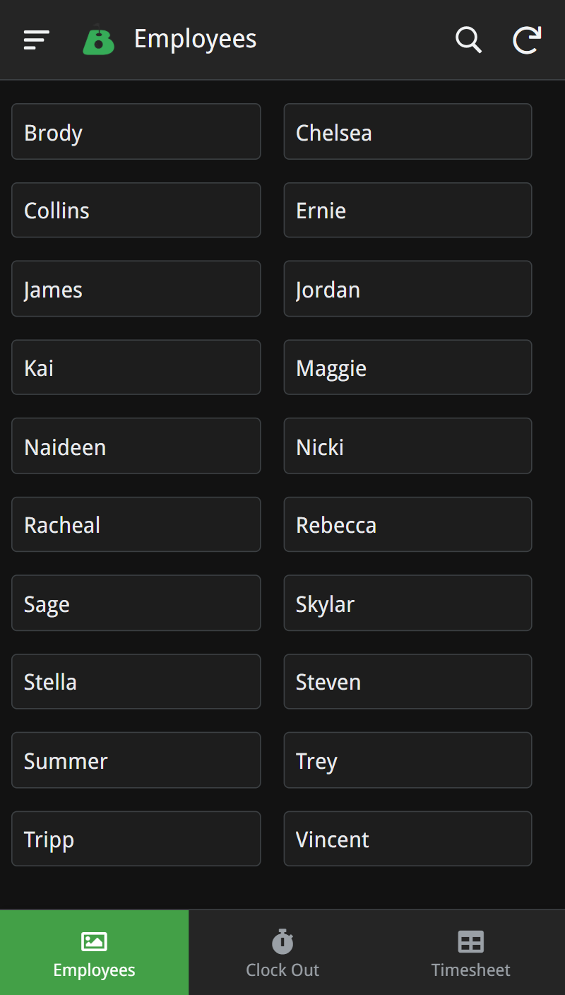 Screenshot of a mobile app displaying a list of employee names under the 'Employees' tab, with navigation options for 'Clock Out' and 'Timesheet' at the bottom.