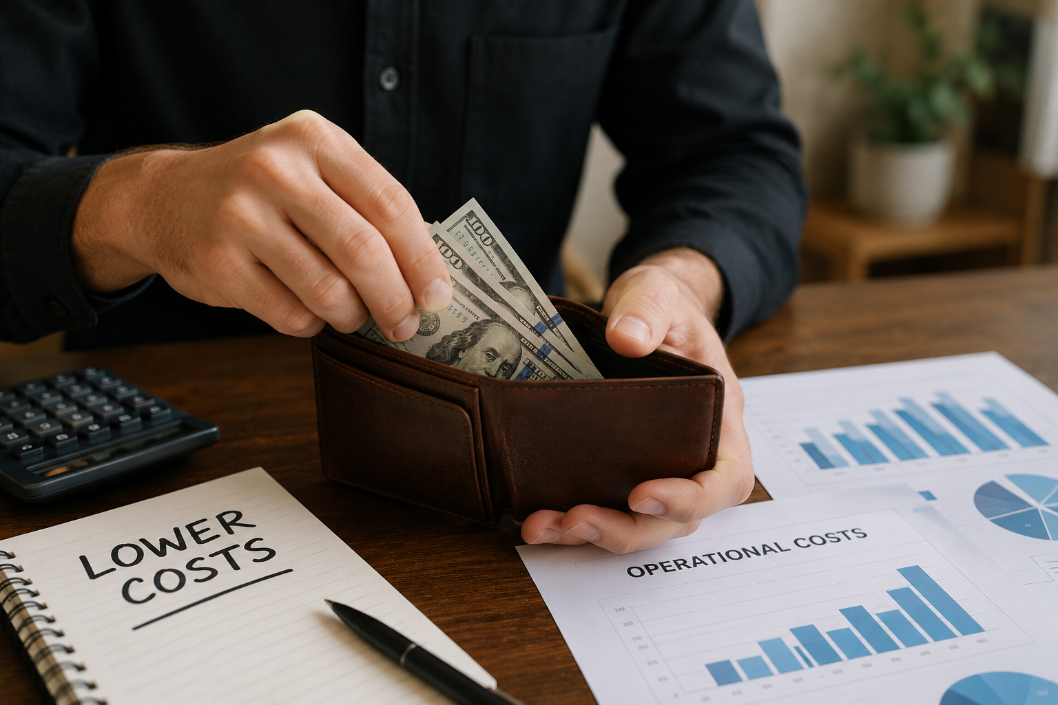 Person placing hundred-dollar bills into a brown wallet on a desk with financial documents, a calculator, and a notebook labeled 'Lower Costs'.