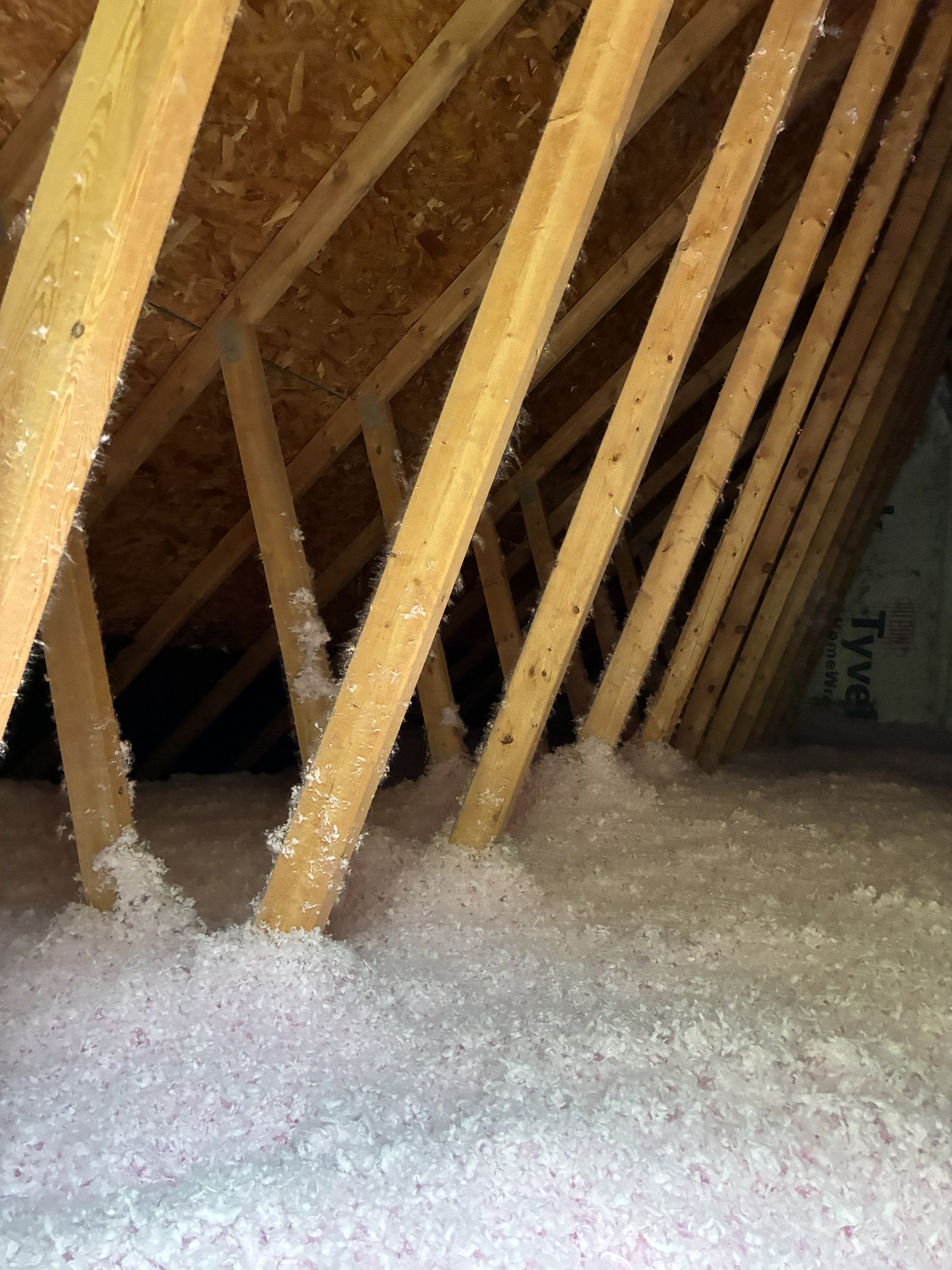 Attic space with unfinished wooden roof trusses and insulation material on the floor.