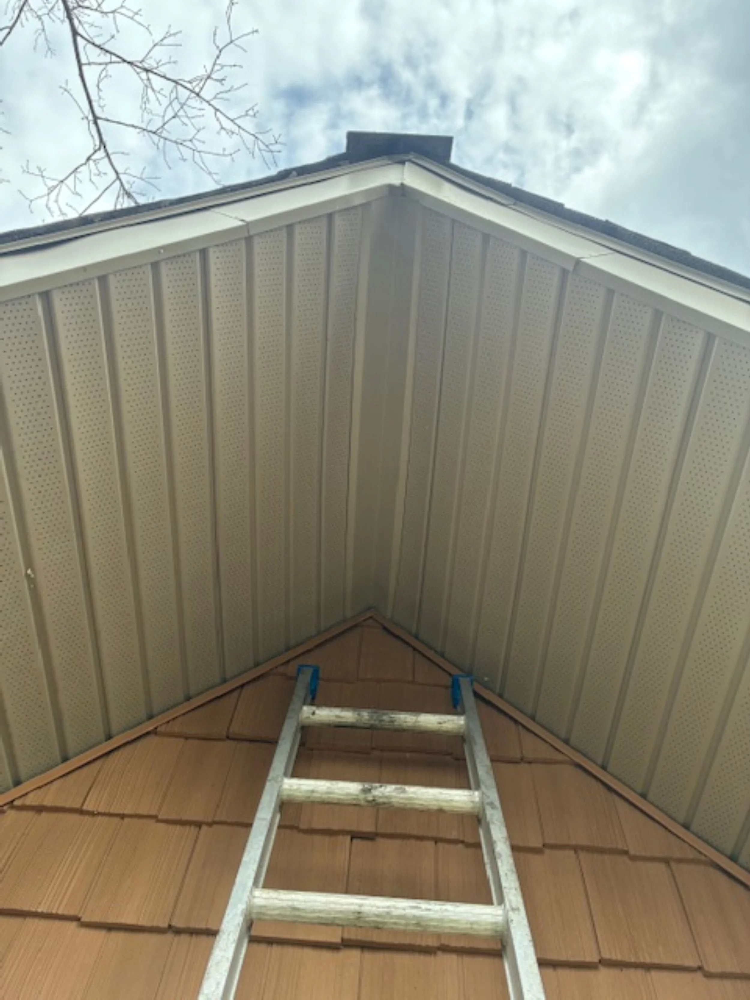 Inside view of a peaked ceiling under construction with a step ladder leaning against it.