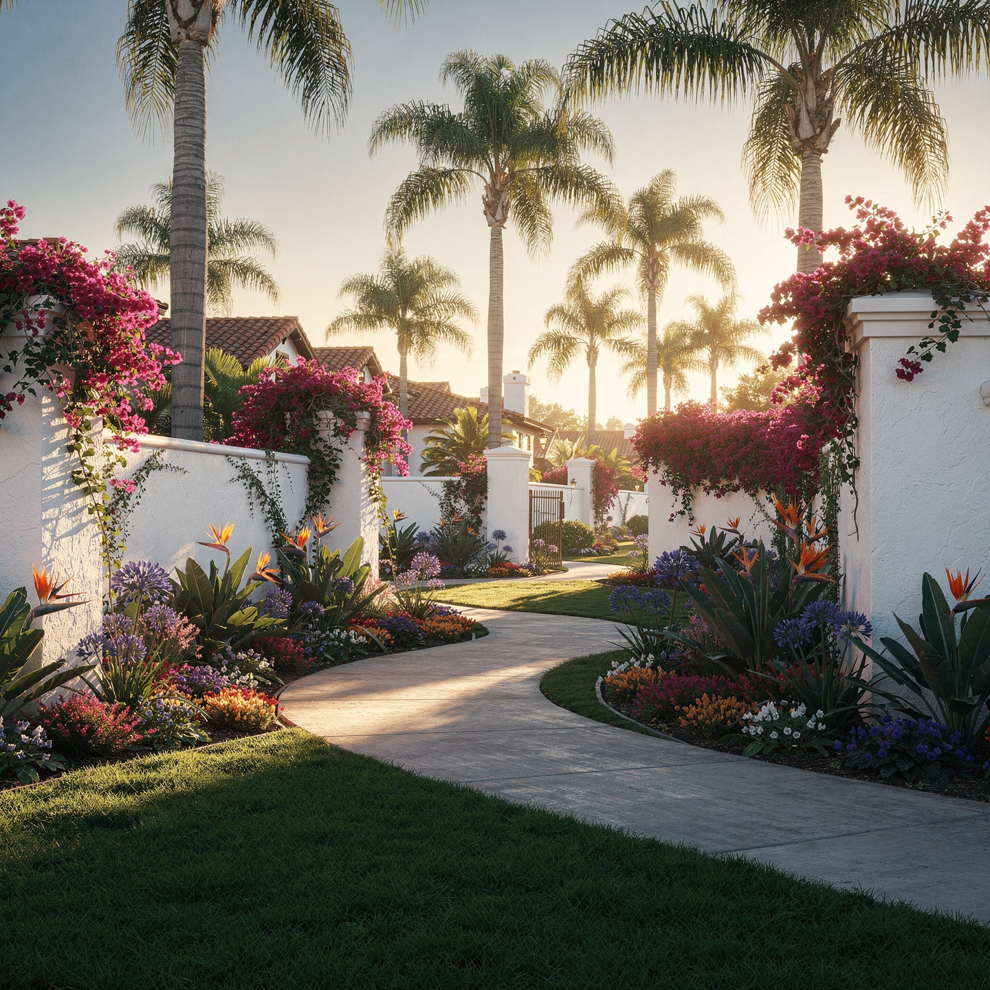 A lush garden with colorful flowers lining a curved pathway, enclosed by white walls and tall palm trees, with a house in the background during sunset.