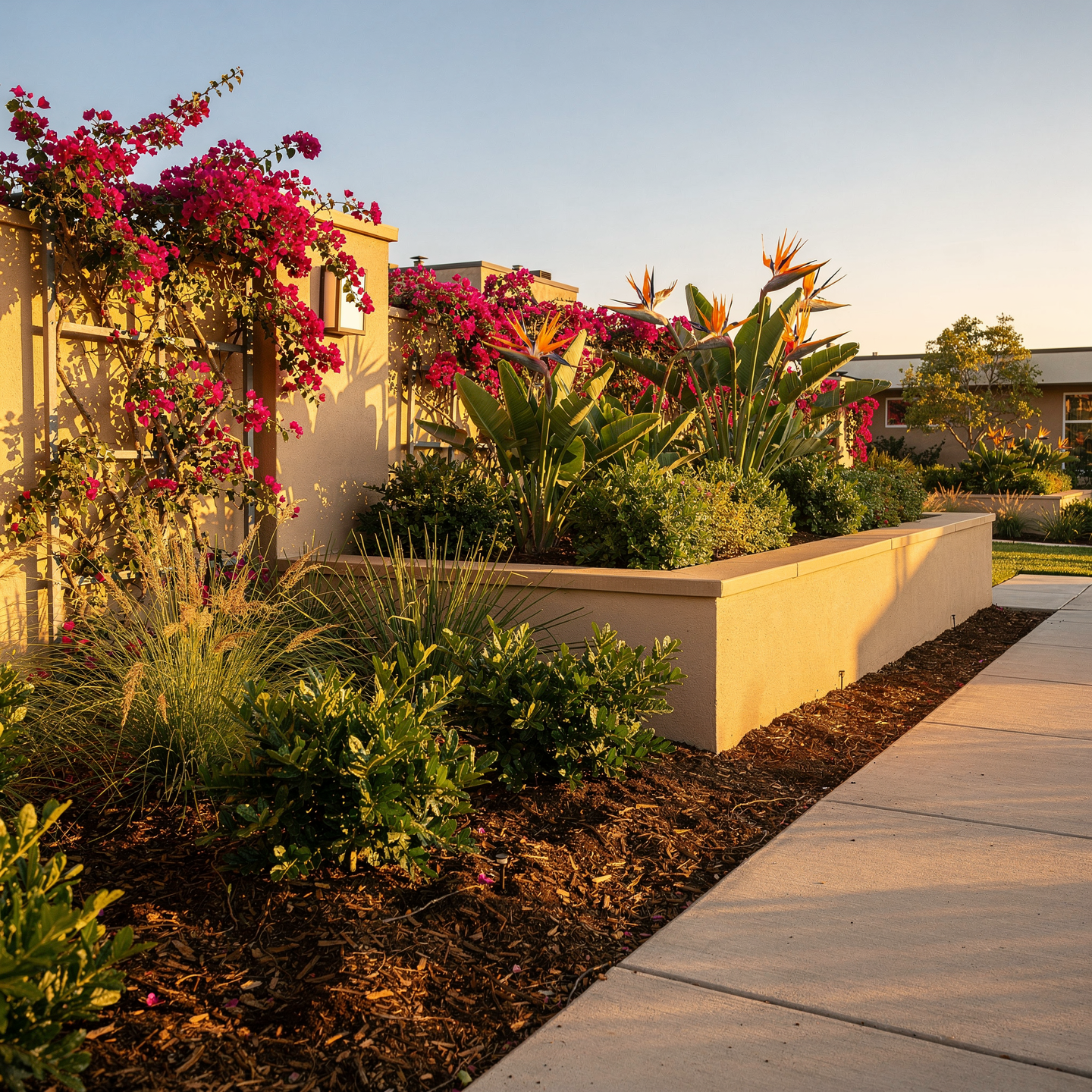 Beautiful landscaped garden with pink flowering plants and large green leaves, illuminated by warm sunlight in the late afternoon, along a concrete sidewalk near residential buildings.
