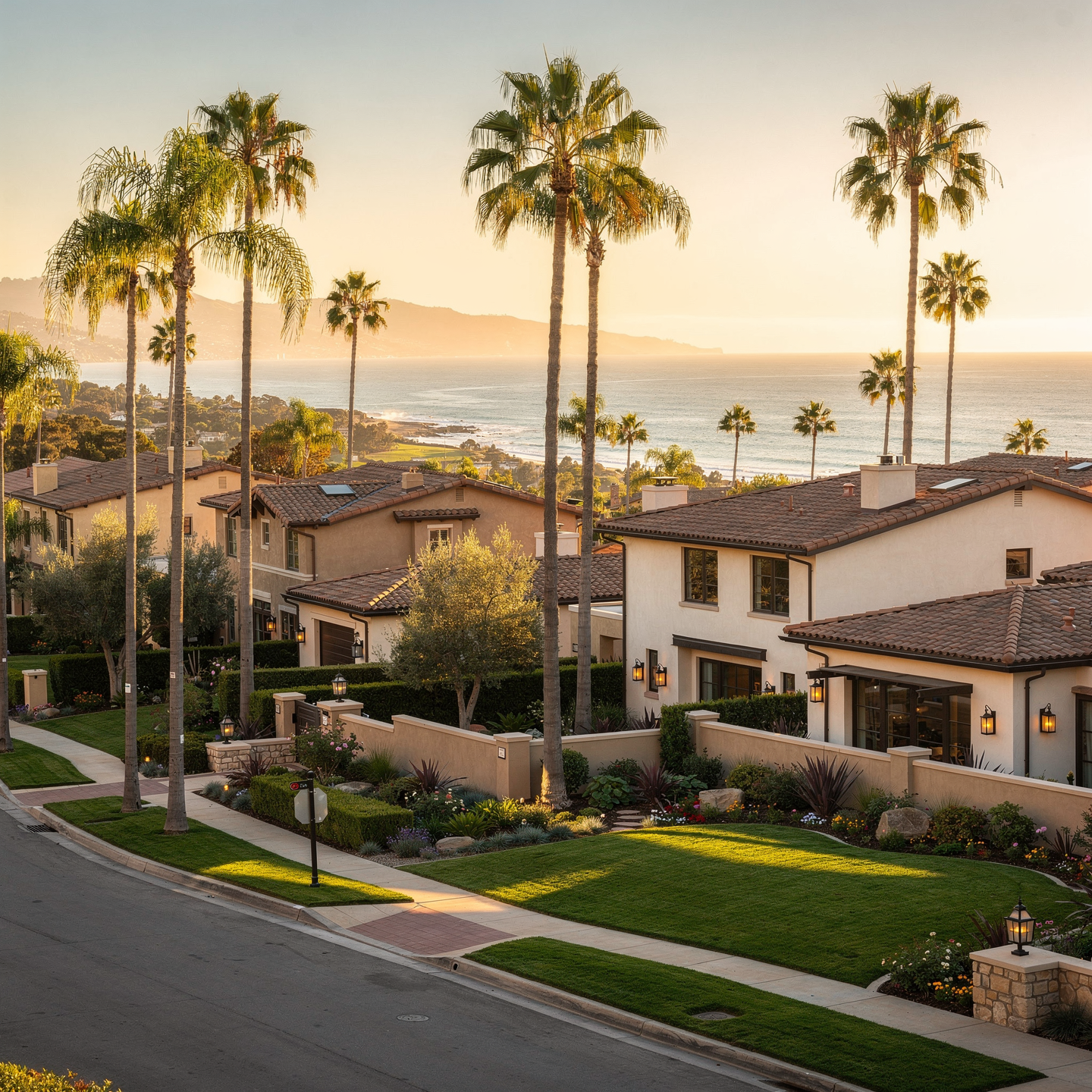 Residential neighborhood with well-maintained houses, palm trees, and a view of the ocean in the background during sunset.
