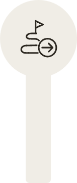 Icon of a golf club with a golf ball and flag on a tee, and an arrow pointing to the right.