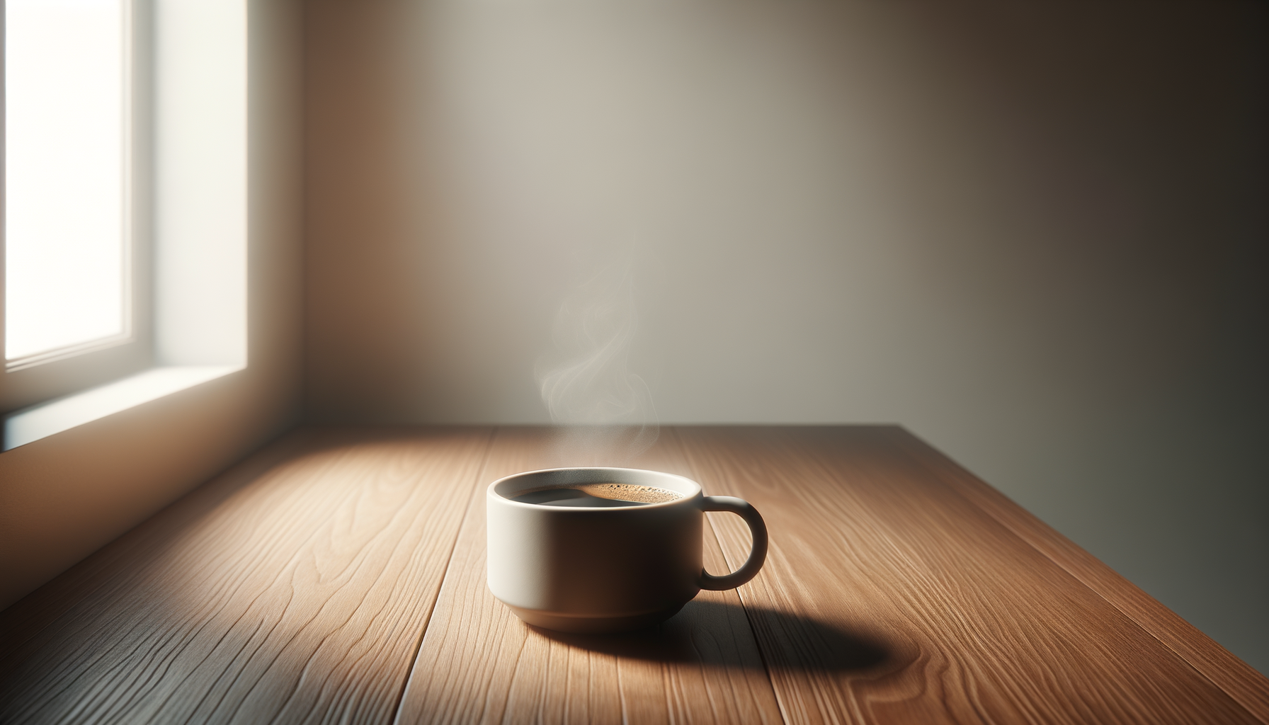 A steaming cup of coffee on a wooden table near a window with sunlight illuminating the scene.