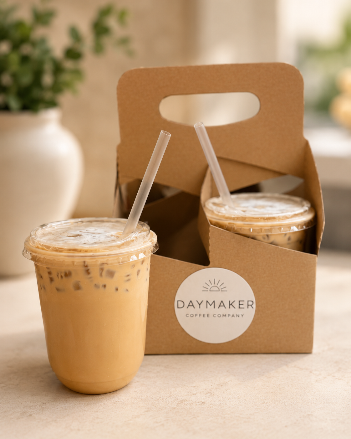 Iced coffee drinks in branded Daymaker Coffee Company carrier for mobile coffee cart and espresso bar catering in Raleigh, NC
