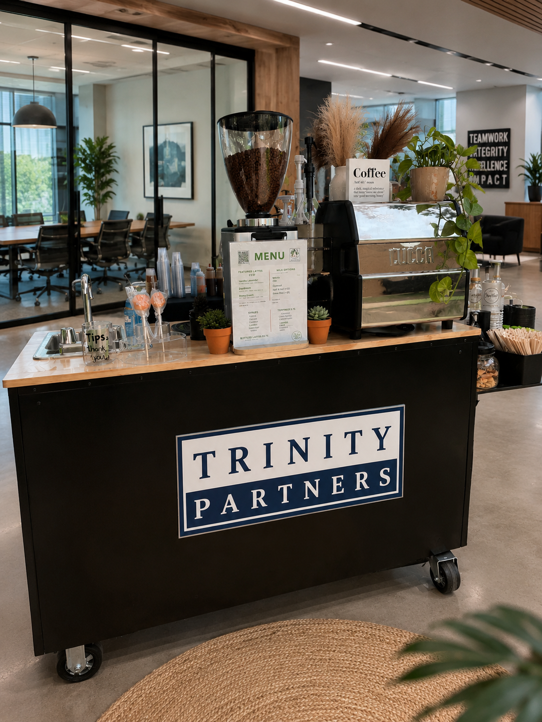 Daymaker Coffee Company mobile coffee cart catering a corporate office event for Trinity Partners in Raleigh, North Carolina.