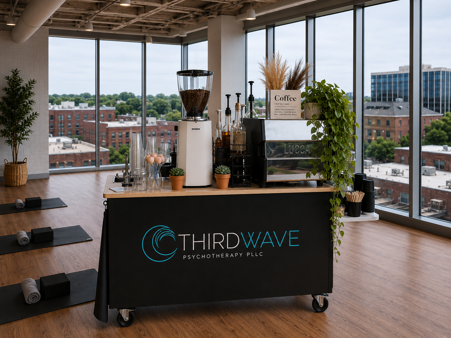 Customized Daymaker Coffee Company espresso cart with Third Wave Psychotherapy branding at a corporate event in Raleigh, NC