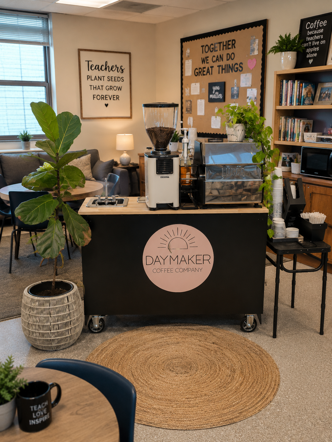 Daymaker Coffee Company mobile espresso bar setup at a school and church event in Raleigh, North Carolina.