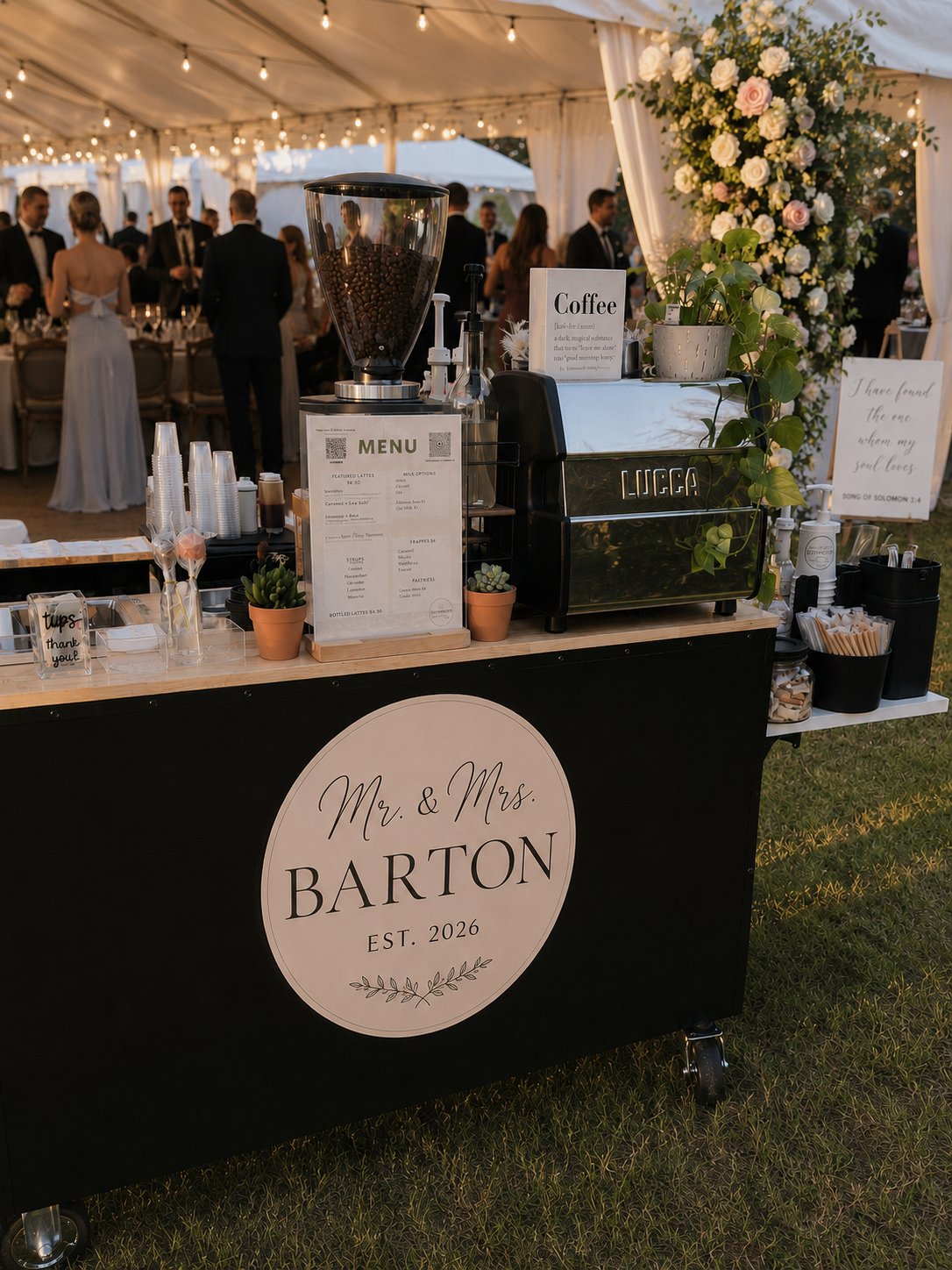 Wedding espresso bar catering with custom branded coffee cart by Daymaker Coffee Company