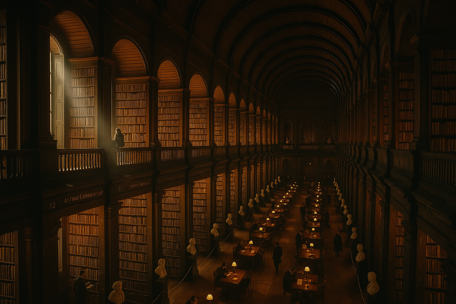 A large, historic library with tall wooden bookshelves extending two stories, filled with books. Sirens and busts line the lower level. People are reading at desks illuminated by small lamps, with a warm, dim lighting interior.