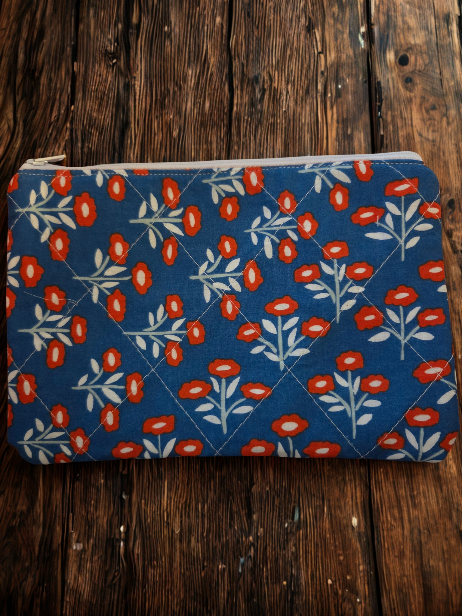 Handmade Floral Zipper Pouch | Cotton Makeup Bag | Quilted Cosmetic Bag | Blue Floral Fabric Pouch | Small Travel Organizer | Handmade Gift for Her