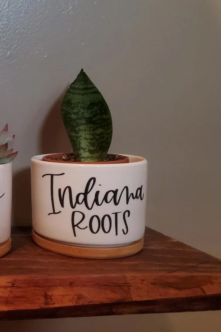 White ceramic succulent planter personalized with a U.S. state name above the word "Roots," paired with a natural bamboo tray.