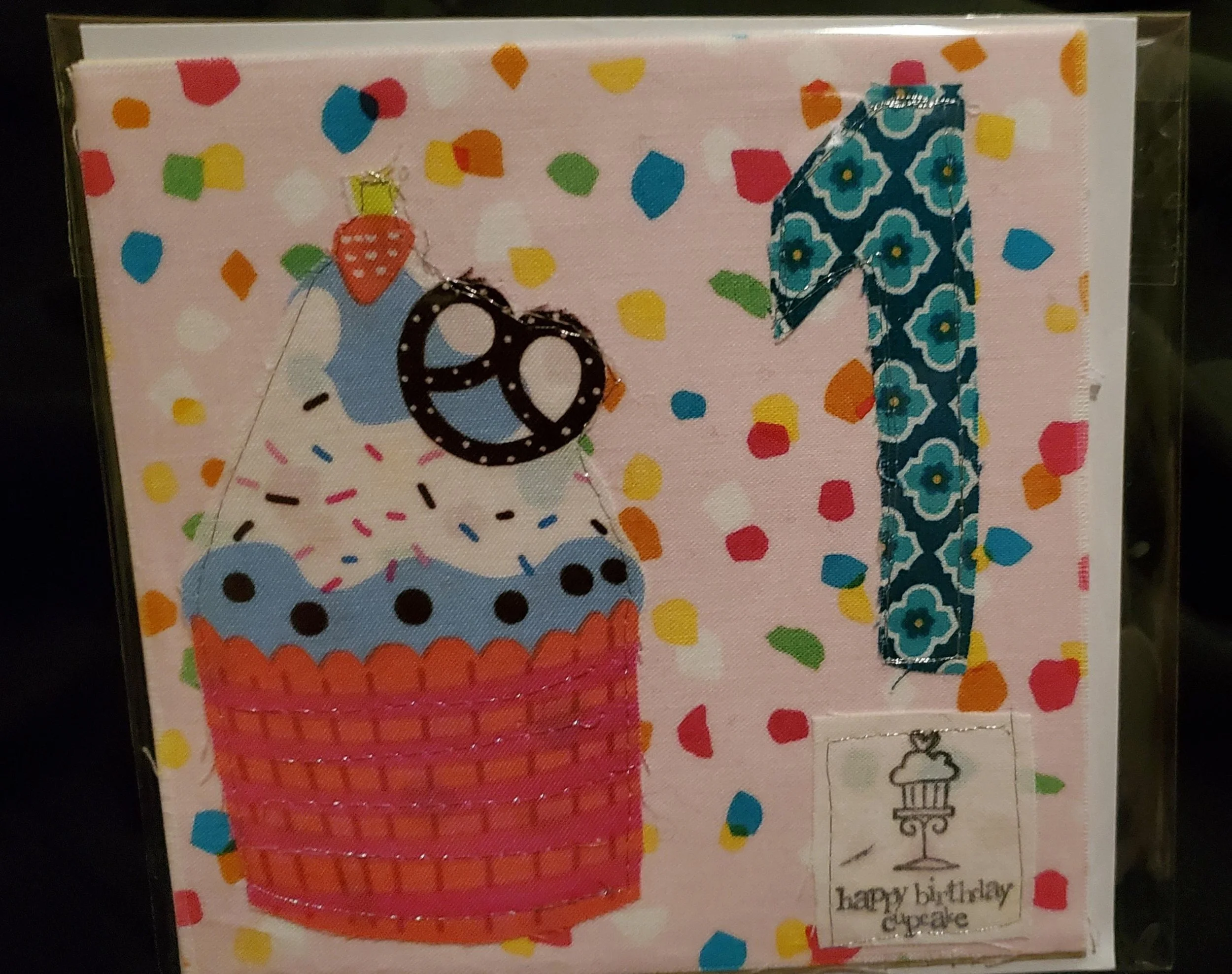 Handmade 1st Birthday Card | First Birthday Cupcake Card | Fabric Appliqué Birthday Card | Baby's First Birthday Greeting Card