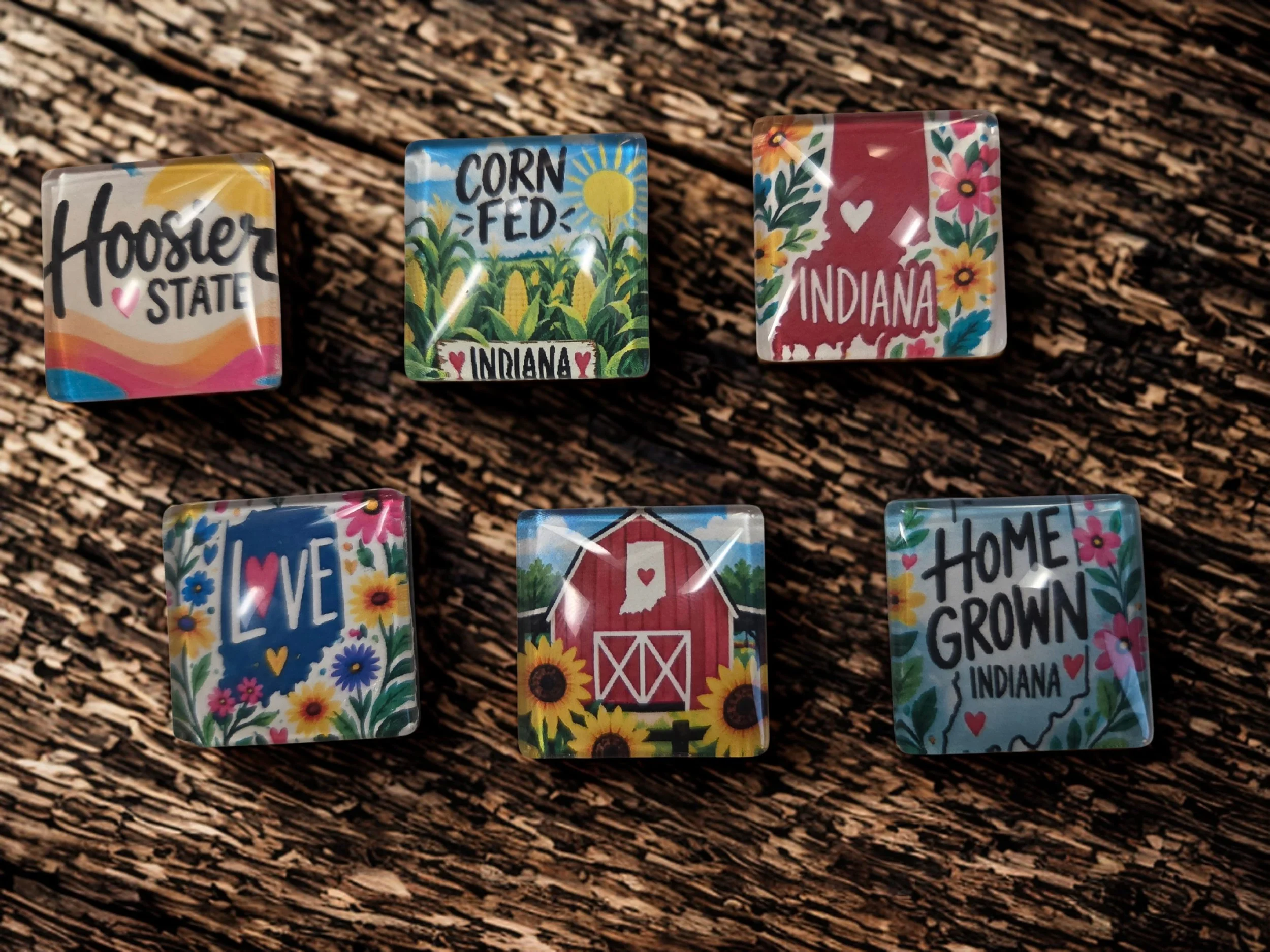 Colorful Indiana glass magnets with corn, state pride, wildflowers and Hoosier-inspired designs.