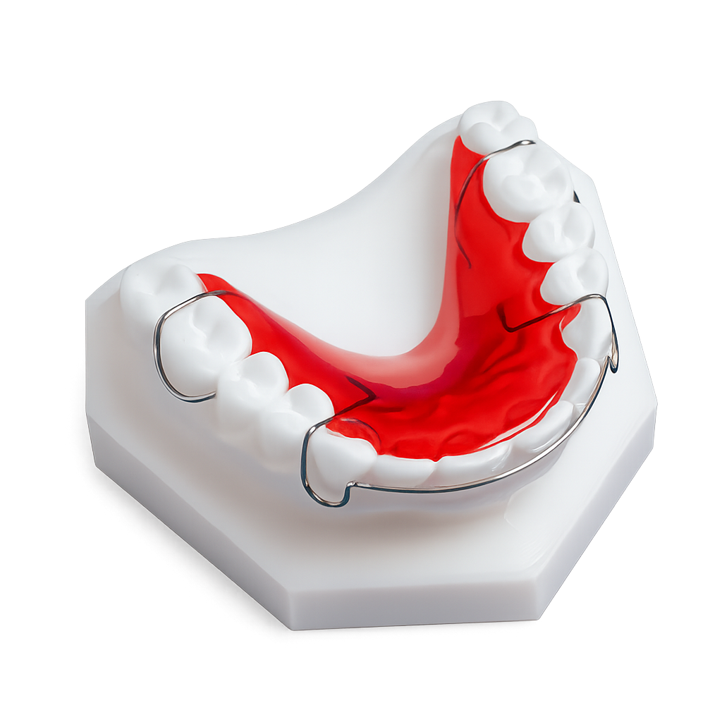 Dental model showing a lower jaw with orthodontic wires and brackets on the teeth.