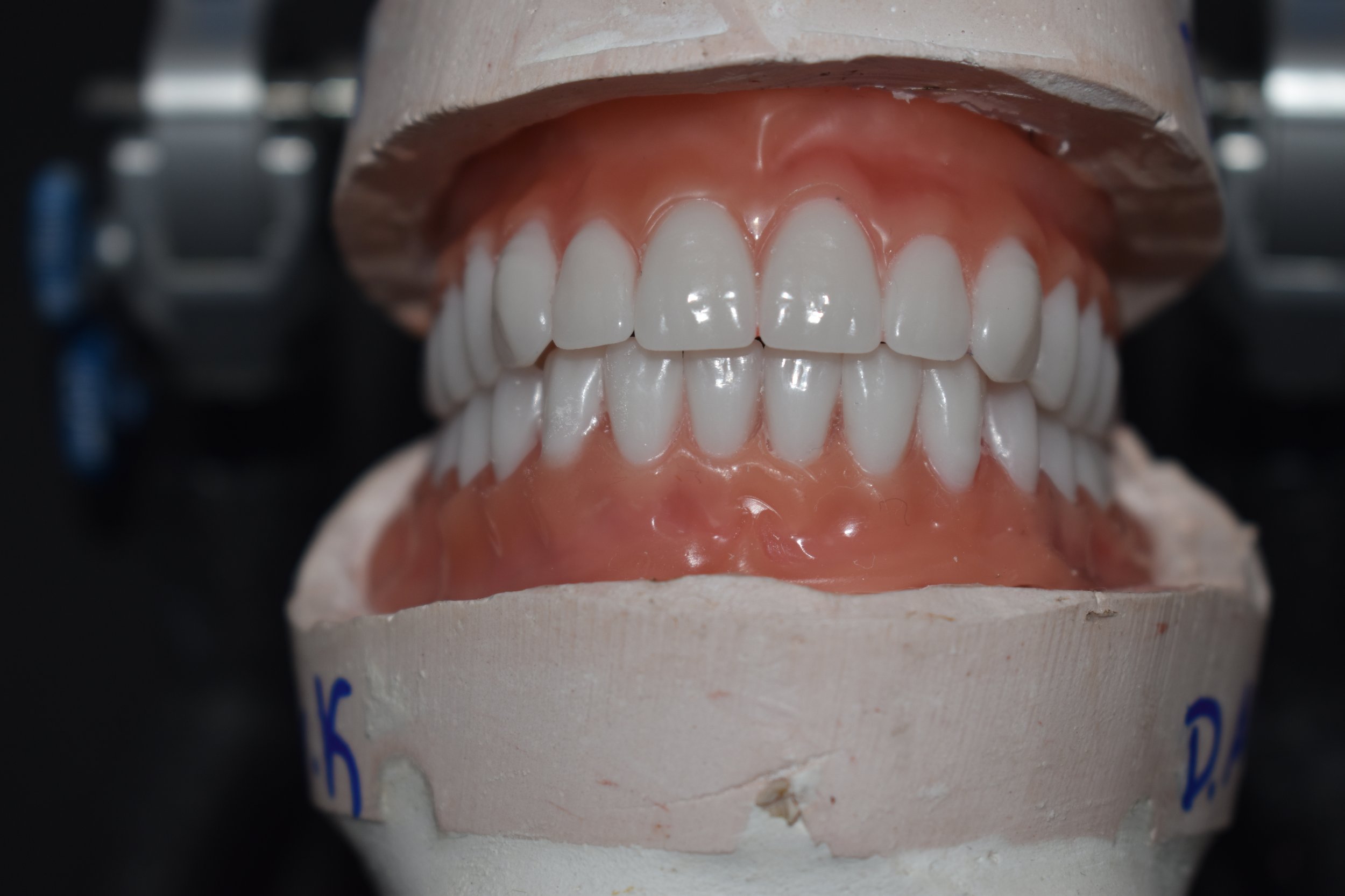 A dental model showing a full set of artificial teeth and gums, mounted on a wooden base.