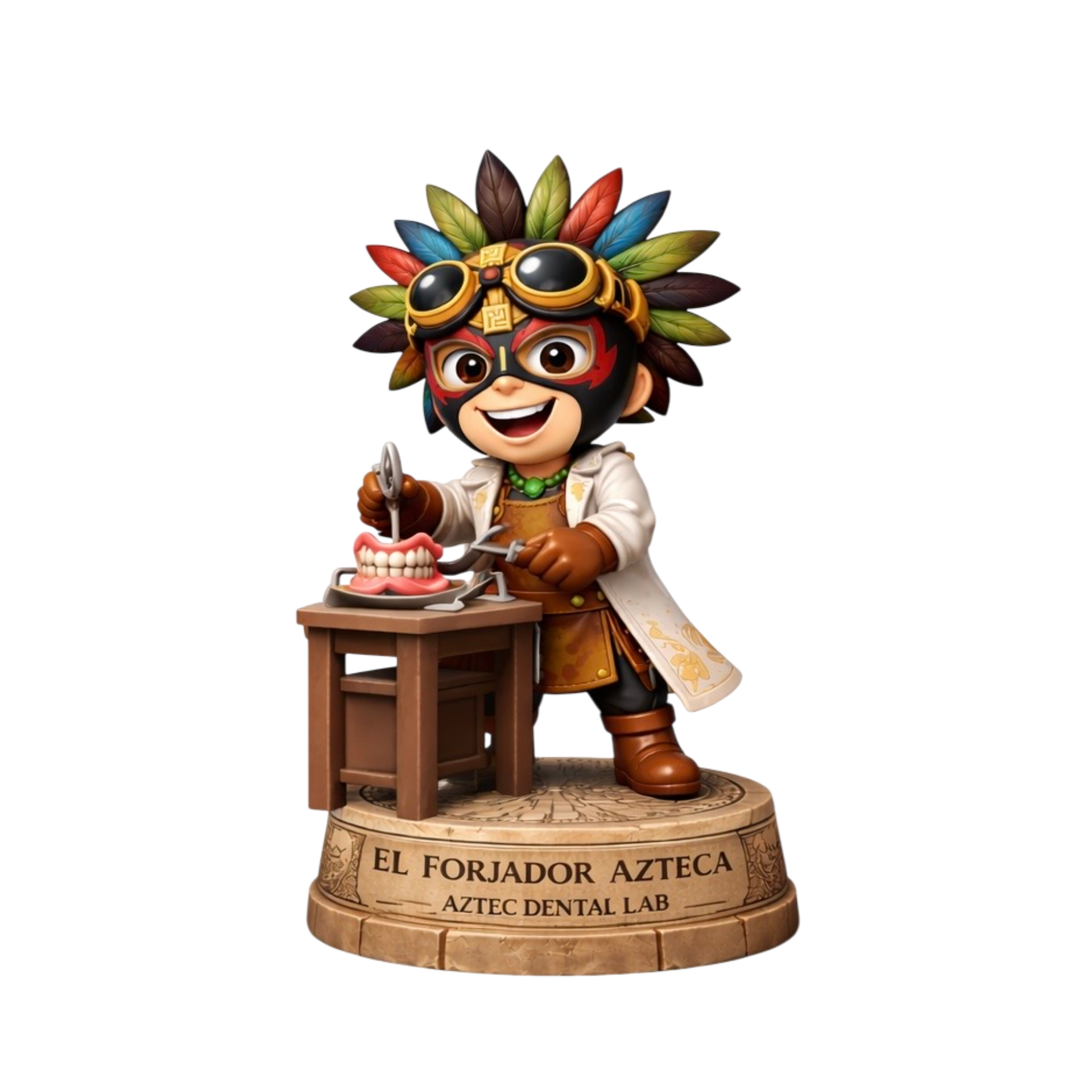 A collectible figurine of a character from the game 'Aztec Dental Lab' dressed as an Aztec warrior dentist, wearing a colorful feather headdress and goggles, with a big smile, holding dental tools, standing on a base with the text 'El Forjador Azteca' and 'AZTEC DENTAL LAB' engraved on it.