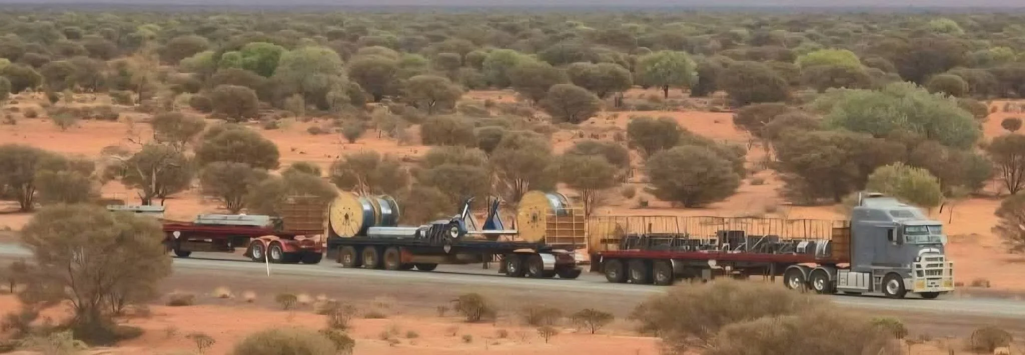 A semi-truck driving through a desert landscape with sparse trees and reddish soil, carrying construction or industrial materials.