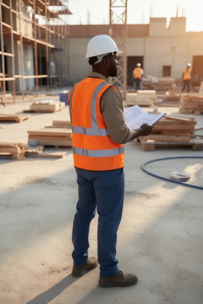 A construction worker wearing a white hard hat and an orange safety vest, holding a clipboard and looking at a building site with other workers in the background.