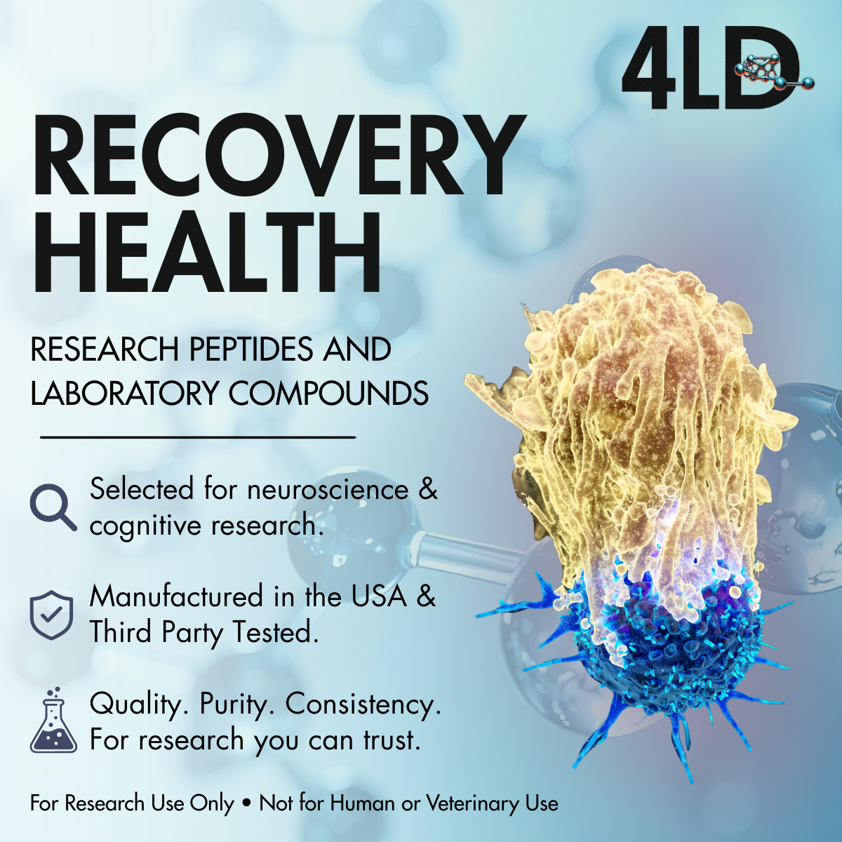 A poster advertising research peptides and laboratory compounds for neuroscience and cognitive research, manufactured in the USA and third-party tested, emphasizing quality, purity, and consistency, with an image of a large microscopic cell on a blue background.