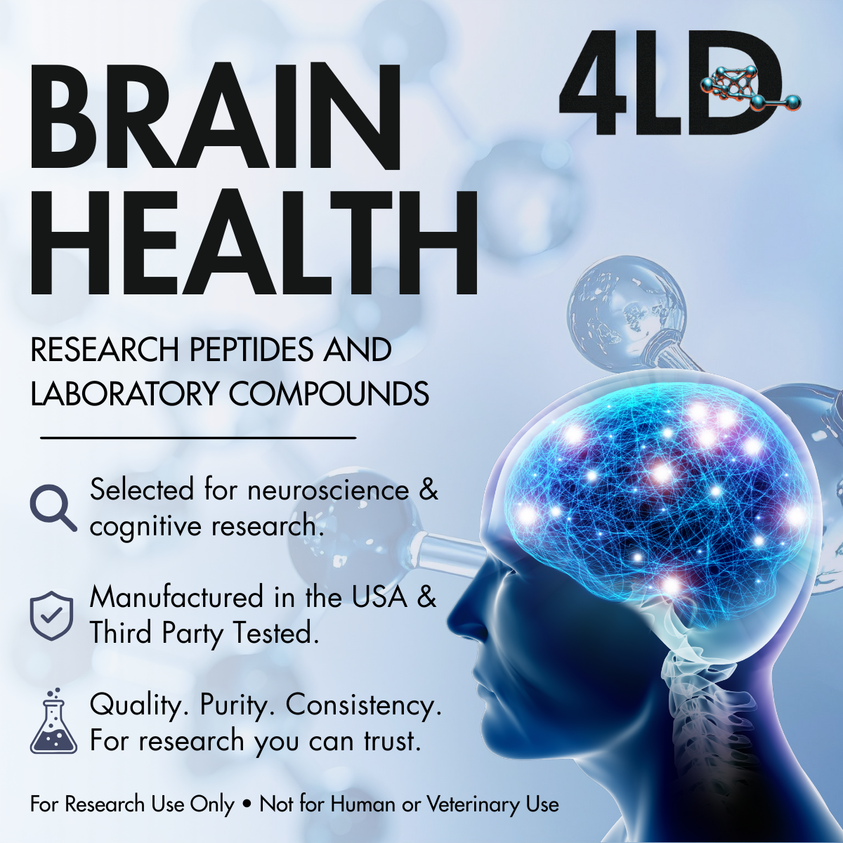 A digital illustration of a human profile with a glowing, networked brain. The background features molecular structures. The text highlights research peptides and laboratory compounds for brain and health research, manufactured in the USA, third-party tested, and suitable for neuroscience and cognitive research.